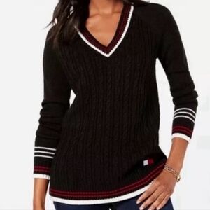 Tommy Hilfiger Vneck Cable Knit Black Sweater With Red & White Accents‎